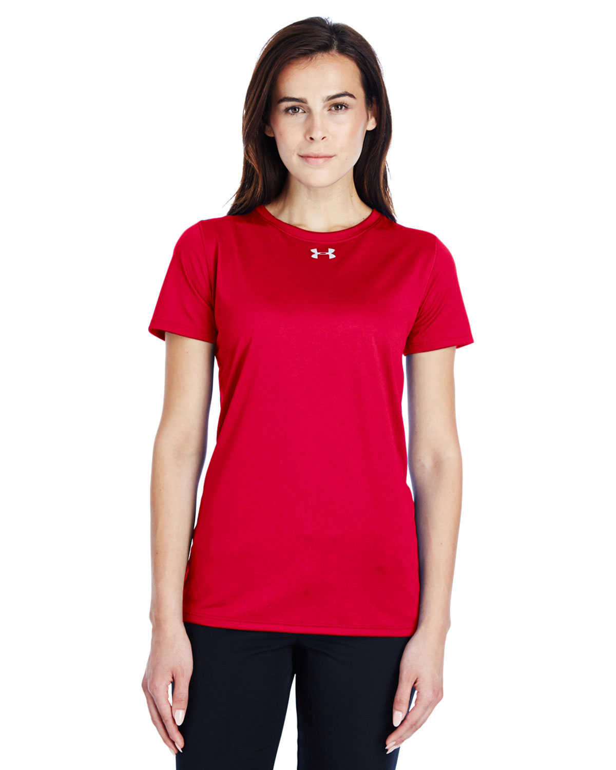 Front view of a women's Under Armour tech t-shirt in [color], featuring a crew neck, short sleeves, and discreet chest logo, laid flat on a surface.