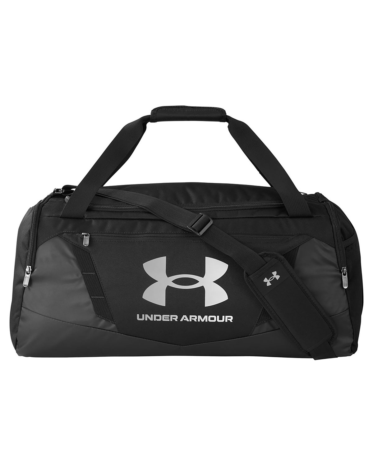 Black Under Armour Storm backpack with water-repellent fabric, multiple compartments, and padded shoulder straps displayed on a white background.