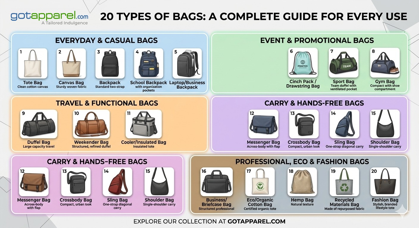 20 types of bags including tote bags, backpacks, duffel bags, messenger bags, and eco-friendly bags available at Got Apparel