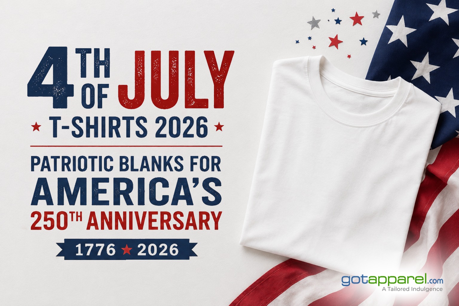 4th of July T-Shirts 2026 celebrating America's 250th Anniversary with patriotic red, white and blue apparel