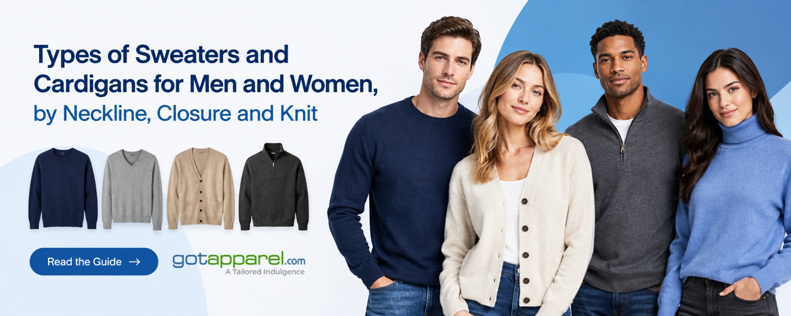 Types of sweaters and cardigans guide — crewneck, V-neck, cardigan and quarter-zip styles for men and women