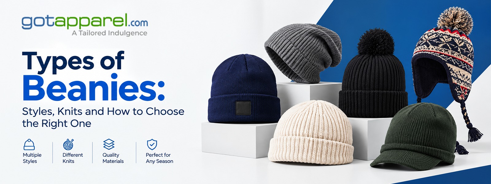 Cuffed, slouchy, pom and fisherman beanies laid out side by side in different knits
