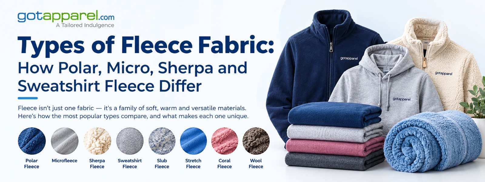 Swatches of polar fleece, microfleece, sherpa and sweatshirt fleece fabric laid side by side