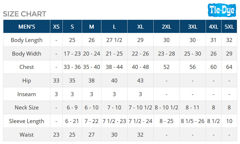 Tie-Dye Size chart