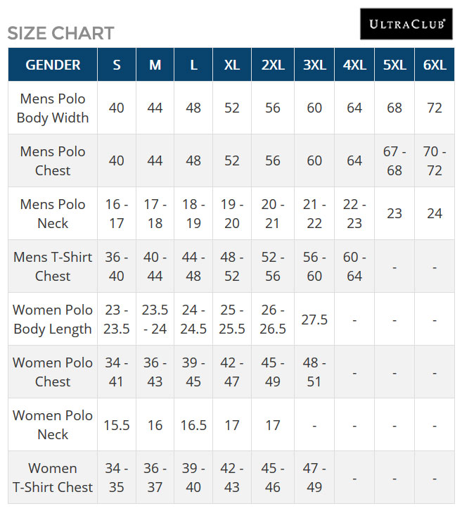 UltraClub - Size Chart