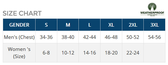 Weatherproof Size Chart