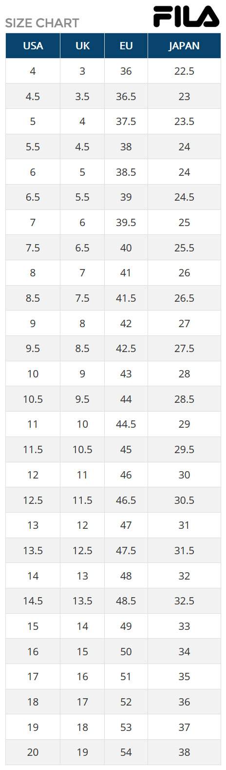 Fila Size Chart