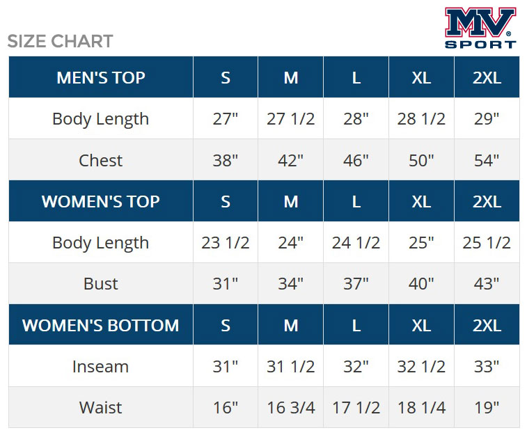 MV Sport Size Chart