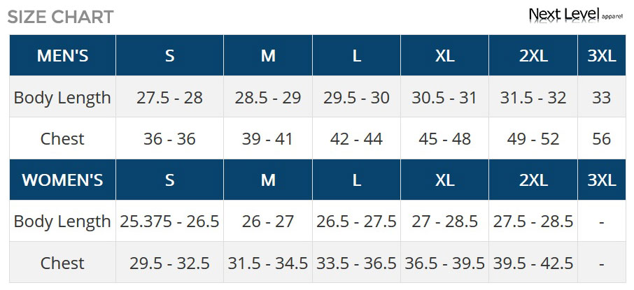 Next Level Size Chart