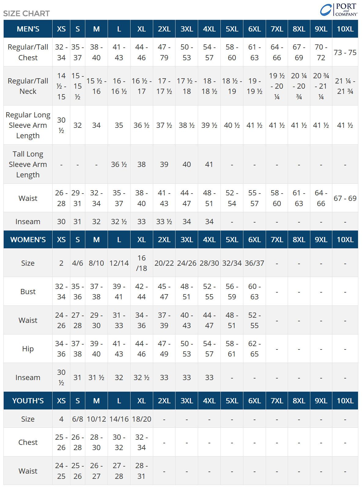 Port & Company Size Chart