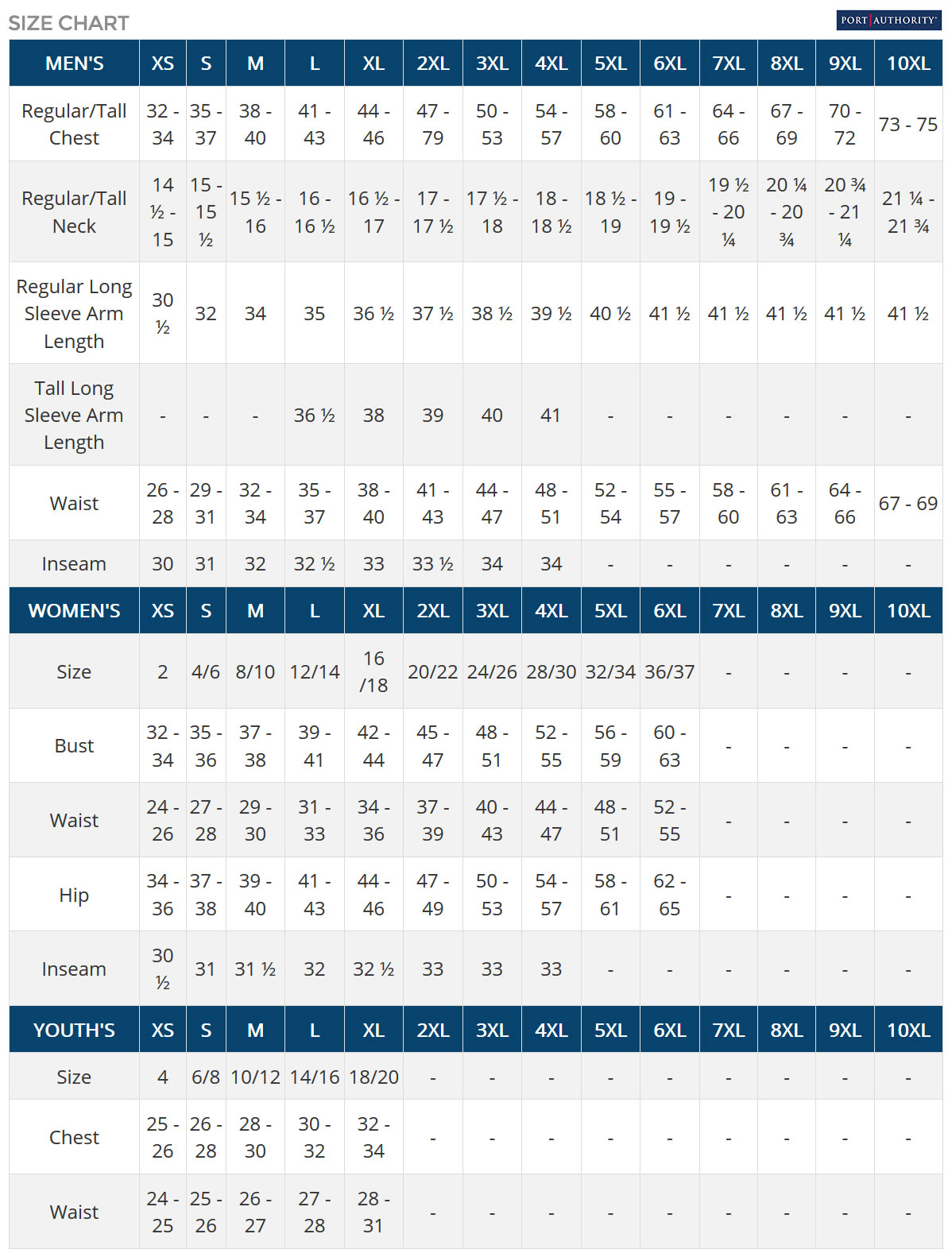 Port Authority Size Chart