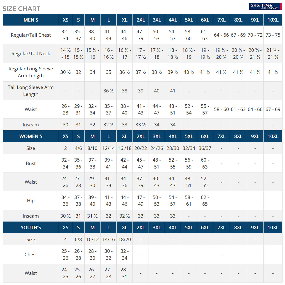 Sport Tek Size Chart