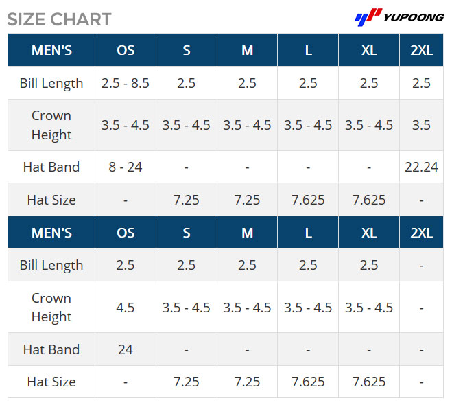 Yupoong Size Chart